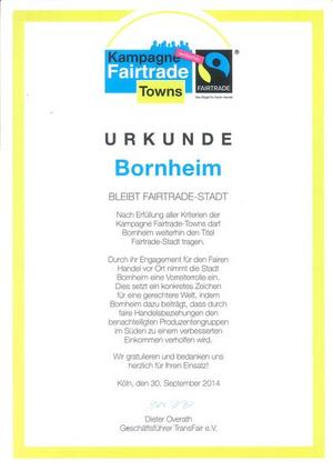 Fair Trade Stadt Bornheim Urkunde 2014