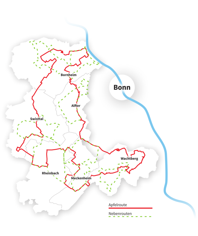 „Die rheinische APFELROUTE“ verbindet auf einer Strecke von rund 120 Kilometern Alfter, Bornheim, Meckenheim, Rheinbach, Swisttal und Wachtberg. FOTO: RHEIN-VOREIFEL TOURISTIK E.V.