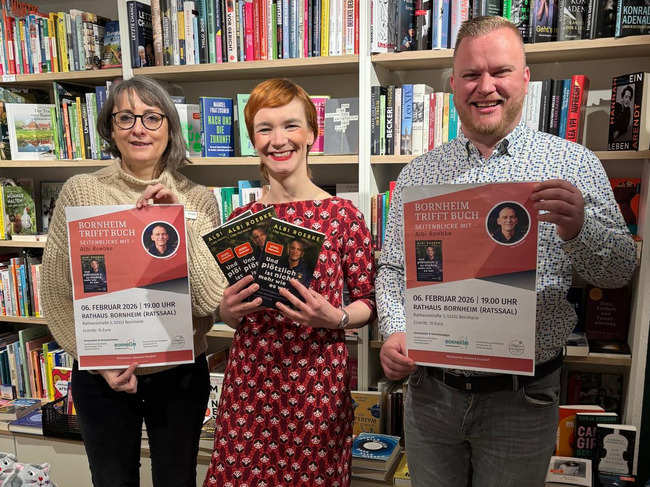 Freuen sich auf die Buchvorstellung (v.l.): Stadtbücherei-Leiterin Brigitte Nowak, Anna Anzulewicz, Inhaberin der Bornheimer Buchhandlung „Seitenglück“, und Mitinitiator Dominik Pinsdorf Freuen sich auf die Buchvorstellung (v.l.): Stadtbücherei-Leiterin Brigitte Nowak, Anna Anzulewicz, Inhaberin der Bornheimer Buchhandlung „Seitenglück“, und Mitinitiator Dominik Pinsdorf