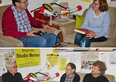 Im Gespräch mit Otto Ganser: oben: Elisabeth Schneide; unten v.l.: Harald Gesterkamp und Jochen Schemm. Foto: Studio Merten