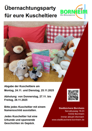 Das Bild zeigt das Plakat für die Veranstaltung "Übernachtungsparty für eure Kuscheltiere". Es zeigt Kuscheltiere, die vor einem Bilderbuch versammelt sind und darin lesen.