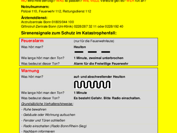 Informationen zu den Sirenensignalen hat die Stadt Bornheim in einem Notfallblatt zusammengestellt