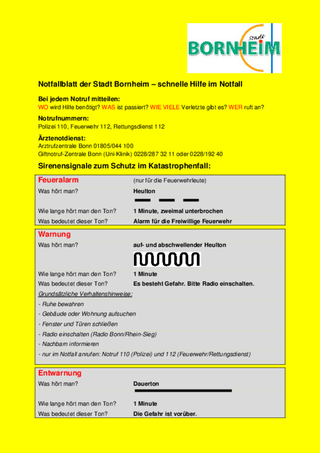 Das Notfallblatt der Stadt Bornheim informiert über Sirenensignale und deren Bedeutung