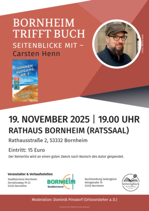 Auf dem Bild ist das Plakat zur Veranstaltung am 19. November 2025 zu sehen. Es zeigt auf der rechten Seite ein Foto des Autoren. Auf der linken Seite ist das Cover des Buches "Sonnenaufgang Nr. 5" abgebildet. Im unteren Bereich befinden sich die Informationen zu Datum, Ort und Preis der Veranstaltung sowie Informationen über die Veranstalter.