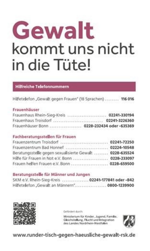 Aktion Gewalt kommt uns nicht in die Tüte - Hilfreiche Telefonnummern