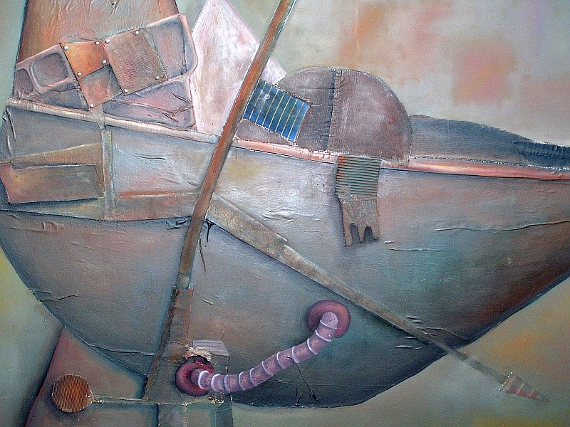 "Narrenschiff", 121 x 137 cm, Material:Öl und verschiedene Materialien auf Leinwand